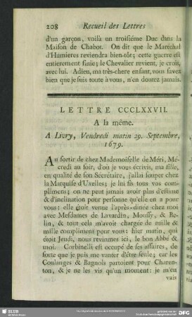 Lettre CCCLXXVII. A la même. A Livry, Vendredi matin 29. Septembre, 1679