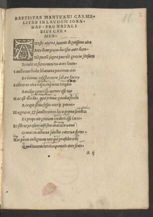 Baptistae Mantuani Carmelitae In Laudem Ioan. Bap. Pro Natali Eius Carmen.