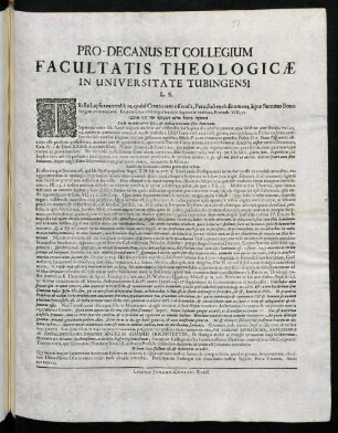 Pro-Decanus Et Collegium Facultatis Theologicae In Universitate Tubingensi L. S.
