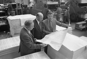 Druck der Stimmzettel für die Kommunalwahl am 20. April 1975 in Karlsruhe bei der Großdruckerei C.F. Müller