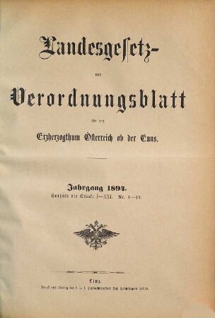 Landesgesetz- und Verordnungsblatt für Oberösterreich. 1894, 1894