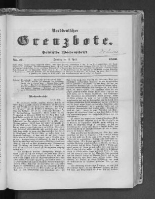 Norddeutscher Grenzbote. Politische Wochenschrift. No. 47 1862.