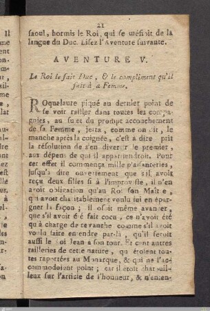 Aventure V. Le Roi le fait Duc, & le compliment qu'il fait à sa Femme.