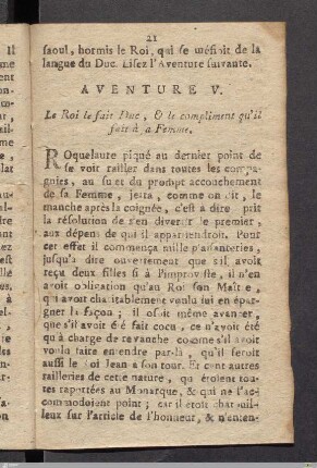Aventure V. Le Roi le fait Duc, & le compliment qu'il fait à sa Femme.