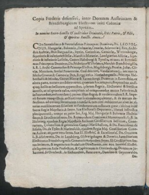 Copia Foederis defensivi, inter Domum Austriacam & Brandeburgicum Electorem initi Coloniae ad Spream.