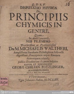 Disputatio Physica De Principiis Chymicis In Genere