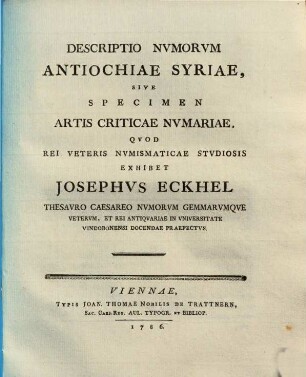 Descriptio Nvmorvum Antiochiae Syriae, Sive Specimen Artis Critice Nvmariae