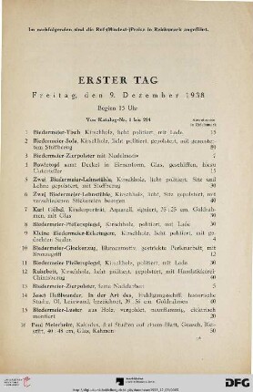 Erster Tag: Freitag, den 9. Dezember 1938, Beginn 15 Uhr (Nr. 1-224)