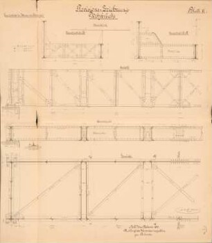 Grundablass der Mulde, Bitterfeld: Wehrbrücke: Ansicht, Grundriss, Schnitte 1:10