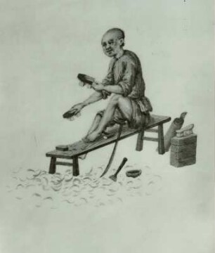 Chinesischer Schuhmacher : Chinesischer Schuhmacher, Aquarell, E. 19. Jh.