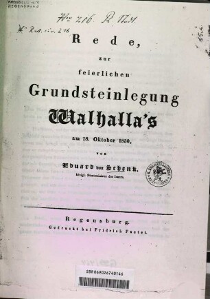 Rede zur feierlichen Grundsteinlegung Walhalla's am 18. Oktober 1830