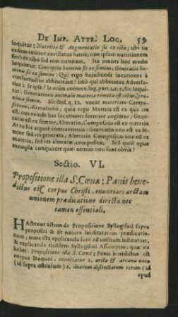 Sectio VI. Propositione illa S. Coenae: Panis benedictus est Corpus Christi ...