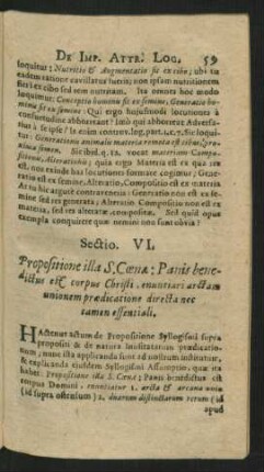 Sectio VI. Propositione illa S. Coenae: Panis benedictus est Corpus Christi ...
