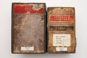 Zwei gebunde Jahrgänge. Leipziger Zeitungen von 1810 und Dresdner Anzeiger von 1808 : Beschädigte gebundenen Zeitungsbände. Zwei gebunde Jahrgänge. Leipziger Zeitungen von 1810 und Dresdner Anzeiger von 1808. Dresden SLUB: Eph.hist.171 und Eph.hist.120