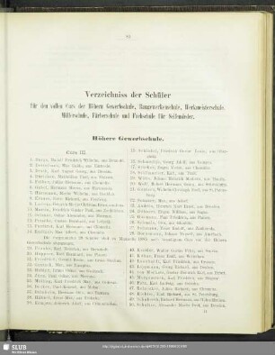 Verzeichniss der Schüler für den vollen Curs der Höhern Gewerbschule, Baugewerkenschule, Werkmeisterschule, Müllerschule, Färberschule und Fachschule für Seifensieder