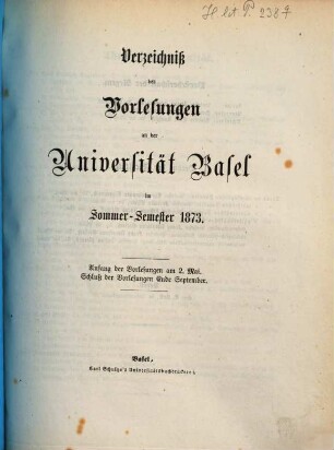 Verzeichnis der Vorlesungen. 1873. SS.