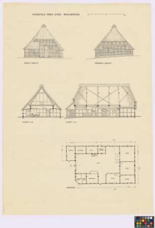 Harsefeld (Kreis Stade): Räucherkate. Haupthaus (Süd-Ost-Giebel-Ansicht, Nord-West-Giebel-Ansicht, Querschnitt A-B, Längsschnitt C-D, Grundriss des Erdgeschosses)