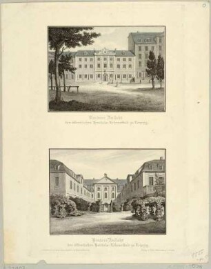 Vorder- und Rückansicht des alten Gebäudes der Öffentlichen Handelslehranstalt am Königsplatz 10 (heute Wilhelm-Leuscher-Platz) in Leipzig, 1832 Baubeginn