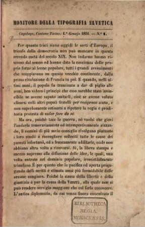 Monitore della Tipografia Elvetica. 1851, Nr. 1 - 4