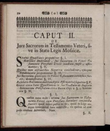 Caput II. De Jure Sacrorum in Testamento Veteri, sive in Statu Legis Mosaicæ.