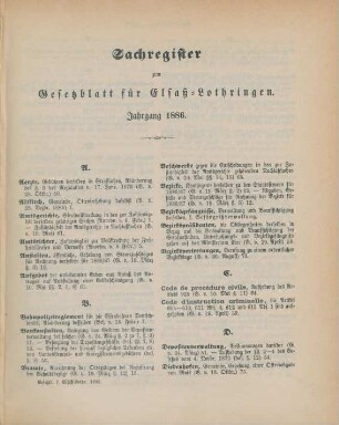 Sachregister zum Gesetzblatt für Elsaß-Lothringen. Jahrgang 1886