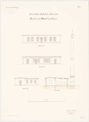 Tierärztliche Hochschule Hannover Kessel- und Maschinenhaus: Aufriss Südansicht, Ostansicht, Westansicht, Querschnitt 1:100