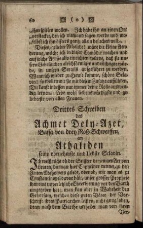 Drittes Schreiben des Achmet Dely-Azet, Bassa von drey Roß-Schweiffen, an Athaliden ...