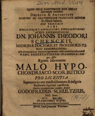 Hanc Dissertationem Inauguralem quae sistit Aegrum laborantem Malo Hypochondriaco Scorbutico