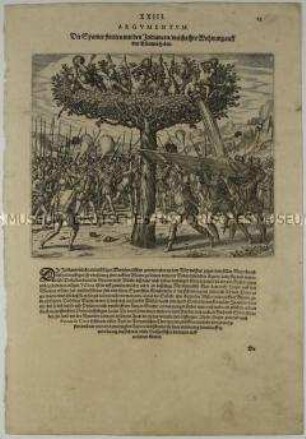 Die Spanier führen Streit mit den Indianern, die auf Bäumen wohnen - Illustration aus de Bry, Große und Kleine Reisen (Peru XXIII/23)