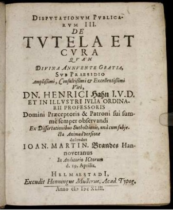 Disputationum Publicarum III. De Tutela Et Cura