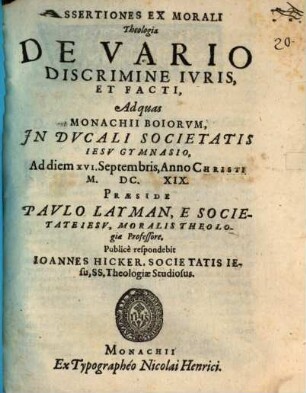 Assertiones Ex Morali Theologia De Vario Discrimine Ivris Et Facti