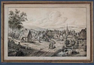 Stadtansicht von Reichstädt (Dippoldiswalde) mit Hirten, Paar mit Kiepe und Schubkarre und Ochsenfuhrwerk