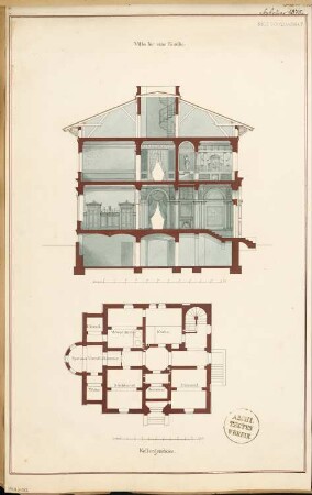 Villa Monatskonkurrenz Februar 1875: Grundriss Keller, Querschnitt; 2 Maßstabsleisten