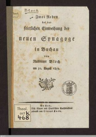 Zwei Reden bei der feierlichen Einweihung der neuen Synagoge in Buchau