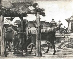 Gemälde "Die Geburt Christi", Ausschnitt: Ochse und Esel (2. H. 15. Jh., Werkstatt F. Del Cossa; Staatliche Kunstsammlungen Dresden (SKD))