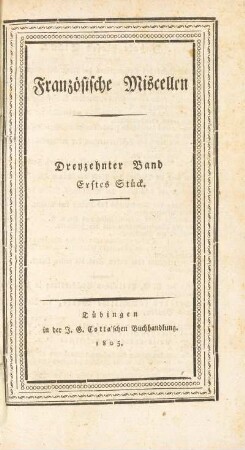 Titelseite Dreyzehnter Band. Erstes Stück