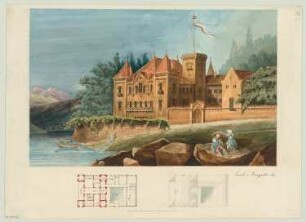 Landhaus mit Ziegeldach Monatskonkurrenz Dezember 1843: Grundriss Erdgeschoss, Dachaufsicht, perspektivische Ansicht; Maßstabsleiste