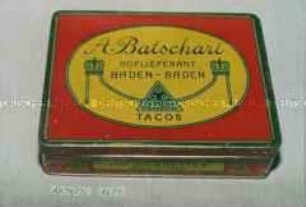 Blechdose für 100 Stück "CIGARETTES TACOS" A. Batschari HOFLIEFERANT BADEN-BADEN