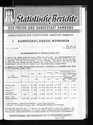 Das Bauhauptgewerbe in Hamburg im Juni 1970 : Lfd. Nr. 25