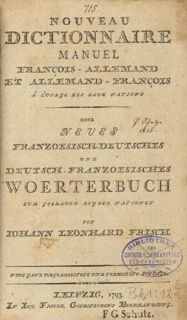 Nouveau dictionnaire manuel françois-allemand et allemand-françois À L'usage des deux nations