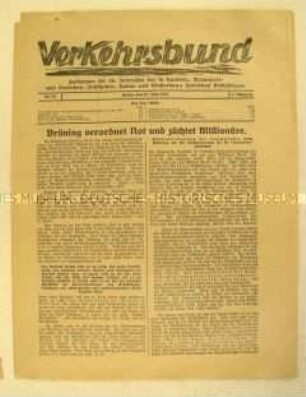 Mitteilungsblatt "Verkehrsbund" u.a. zu den Notverordnungen und zur Subventionierung der Seeschifffahrt