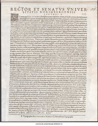 Rector Et Senatus Universitatis Norimbergensis Lectori S. ... B.V.P.P. sub sigillo Universitatis ad d. XV. Aprilis, Anno Christi MDCXXX