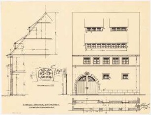 Fassaden der nach dem Brand am 17. Juni 1915 wiederaufgebauten Häuser, Duderstadt: Aufriss: Ansicht von der Straße 1:50; Fassadenschnitte horizontal und vertikal 1:50; Details 1:10: Torschlußstein