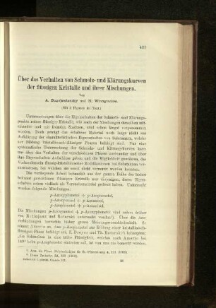 Über das Verhalten von Schmelz- und Klärungskurven der flüssigen Kristalle und ihrer Mischungen.