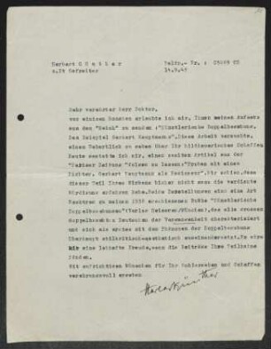 Brief von Herbert Günther an Gerhart Hauptmann