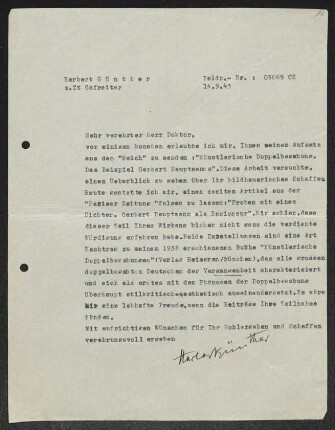 Brief von Herbert Günther an Gerhart Hauptmann
