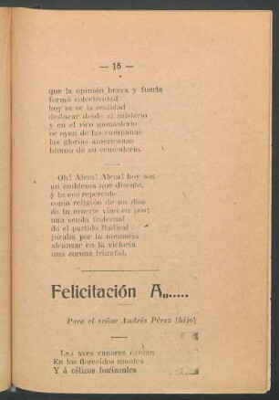 Felicitación a... : Para el señor Andrés Pérez (hijo)