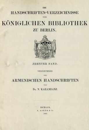 Bd. 10: Verzeichniss der Armenischen Handschriften