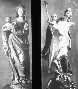 Berlin, Maria mit dem Kind auf Mondsichel (schwäbisch); urspr. Berlin: heutiger Verbleib ?; vgl. mit Maria mit dem Kind, eine Schlange tötend (Ignaz Günther) vmtl. auch heute in Weyarn, St. Petrus und Paulus, schwäbisch
