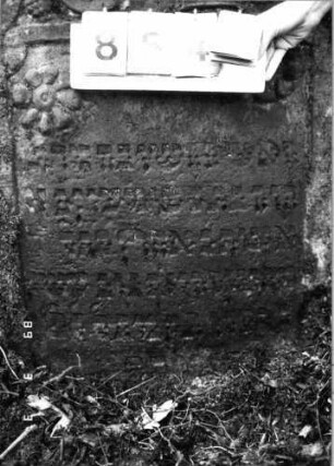 Grabstein 854 (Index: 99751248) Material: Sandstein Zustand: verwittert Maße HxBxT: 102x69x15 cm Beschreibung: Stele, eingezogener Rundbogenabschluß, rechteckiges Schriftfeld eingetieft Symbolik: Kanne mit Schale, zwei Blüten, Trauben: Grabstein 854A